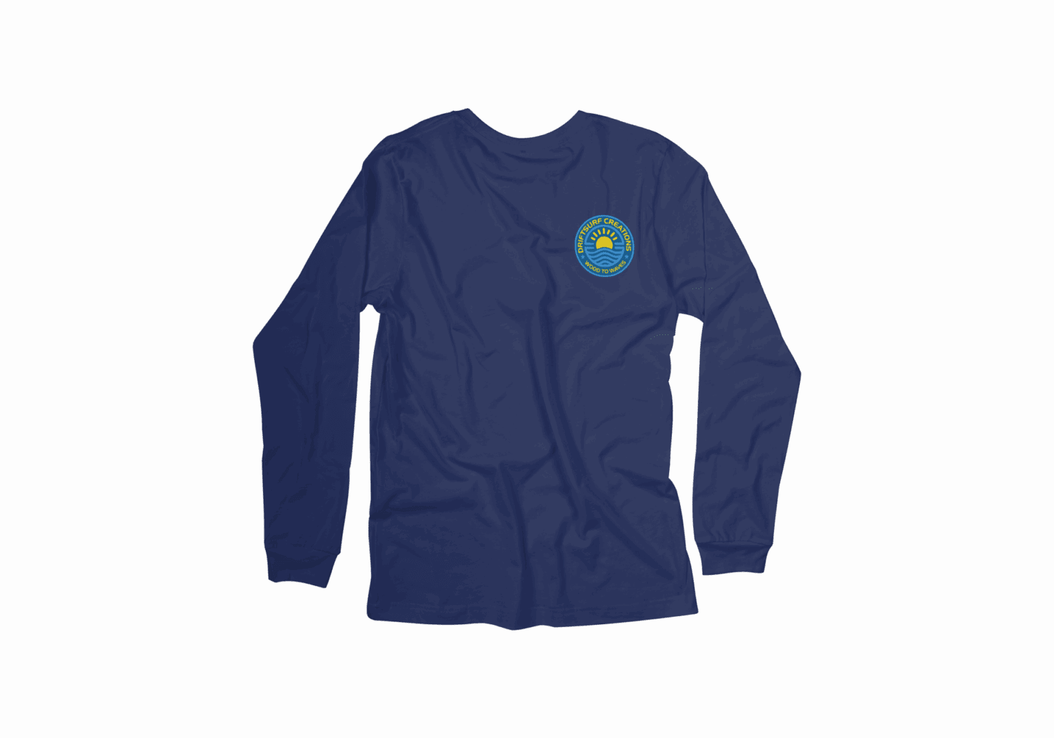 Blue long-sleeve shirt with circular logo. Blue long-sleeve shirt with circular logo.