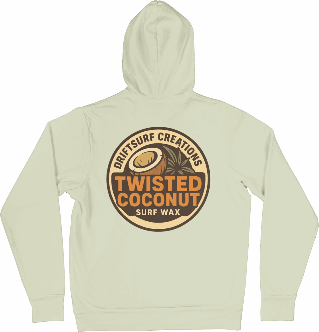 Hoodie with Twisted Coconut Surf Wax logo.