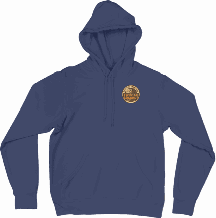 Blue hoodie with a circular chest logo.