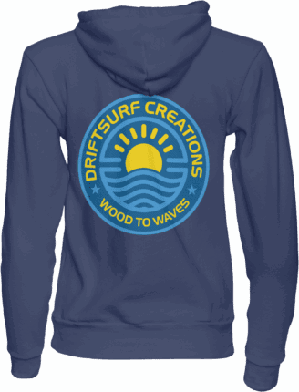 Blue hoodie with DriftSurf Creations logo.