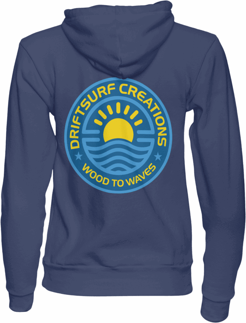 Blue hoodie with DriftSurf Creations logo.