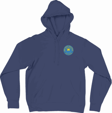 Blue hoodie with round embroidered logo.