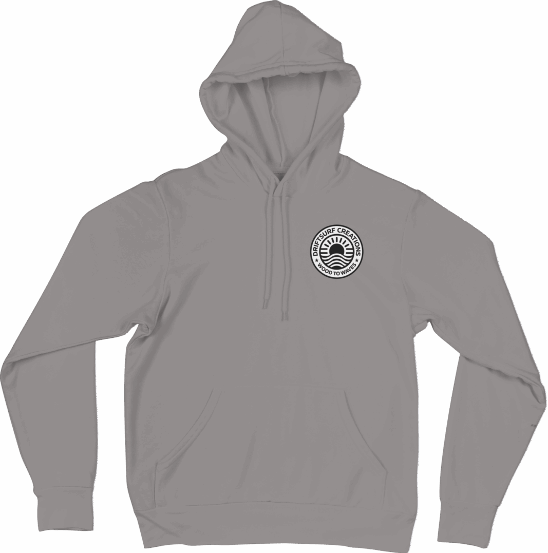 Gray hoodie with circular chest logo.