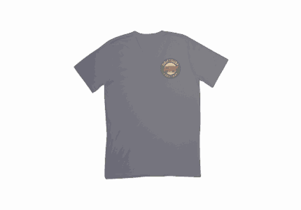 Gray T-shirt with round chest logo.