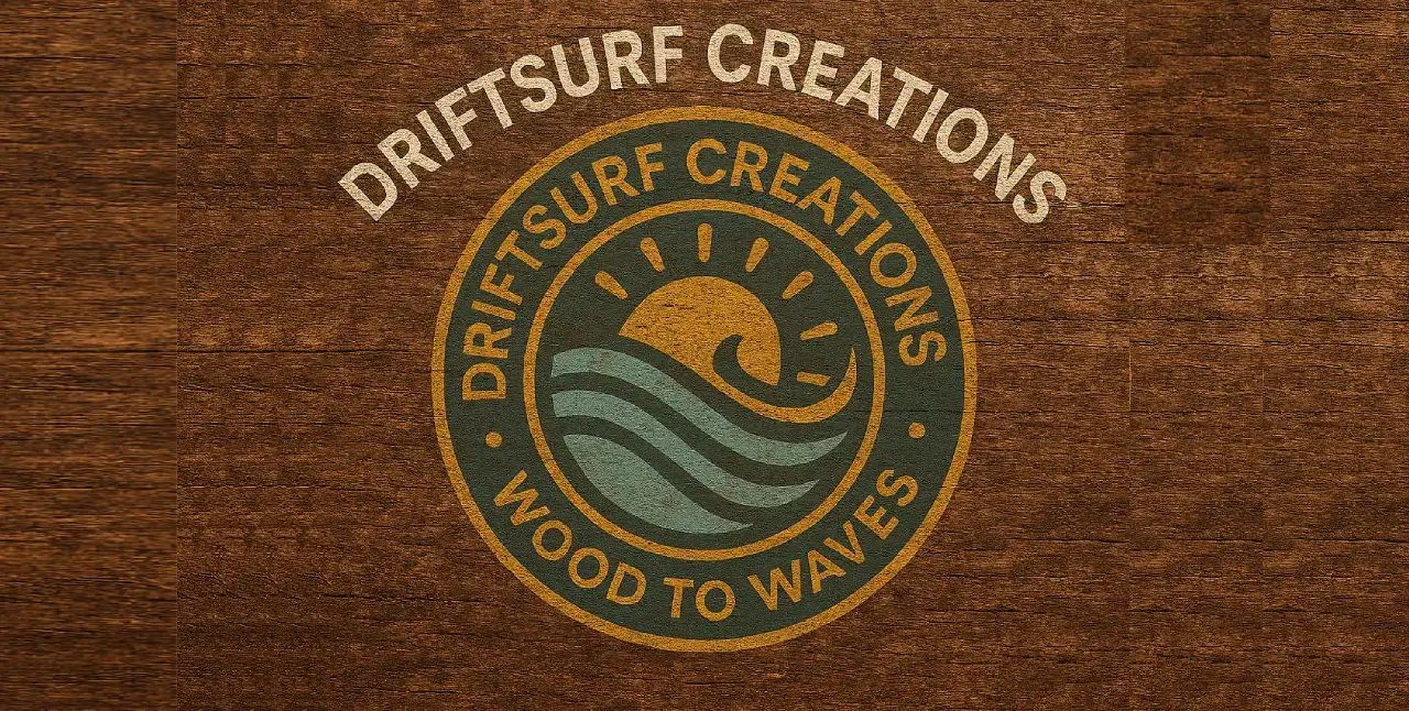 Driftsurf Creations logo with sun and waves on wood texture.